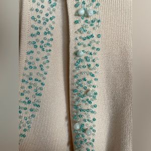 Vintage Alfani Silk Sweater Set Turquoise Beads Cream Size L Two-Piece Classic